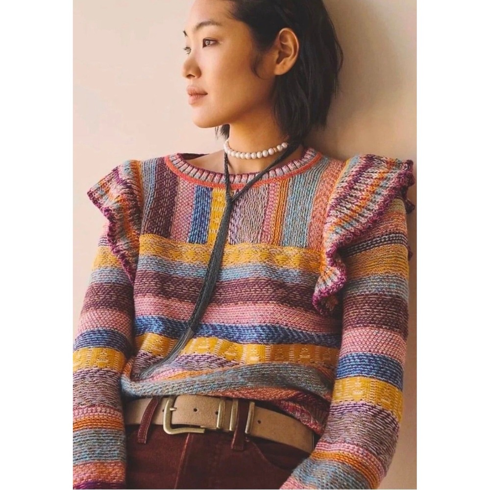 Pilcro Anthropologie Ruffle Shoulder Striped Knit Sweater Multi-Color Small